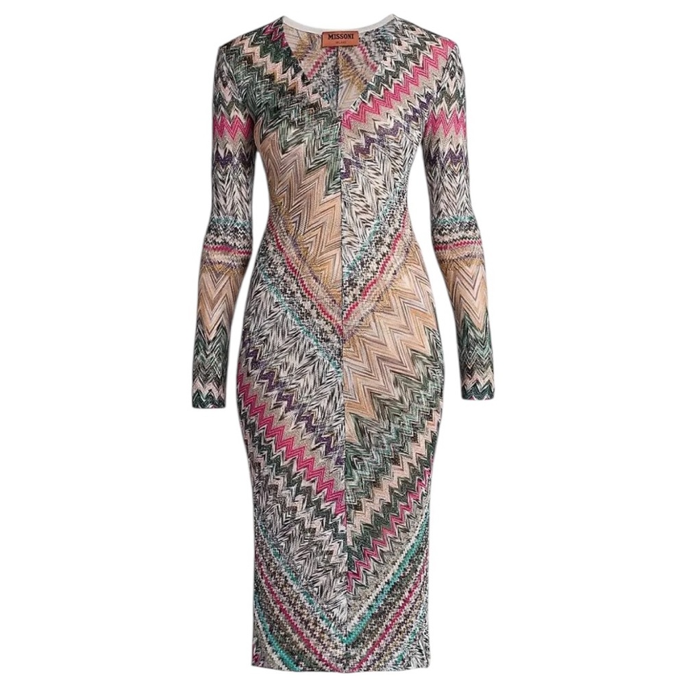 Missoni Multicolor Zig Zag Chevron Metallic Knitted V-Neck Midi Bodycon Dress 4